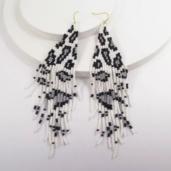 Gold titanium hooks hand beaded leopard cheetah boho Fringe dangle earrings new - Picture 1 of 3